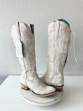 Lane MONICA Knee High White Cowboy Boots Western Cowgirl Lace Up Tall Womens 9.5